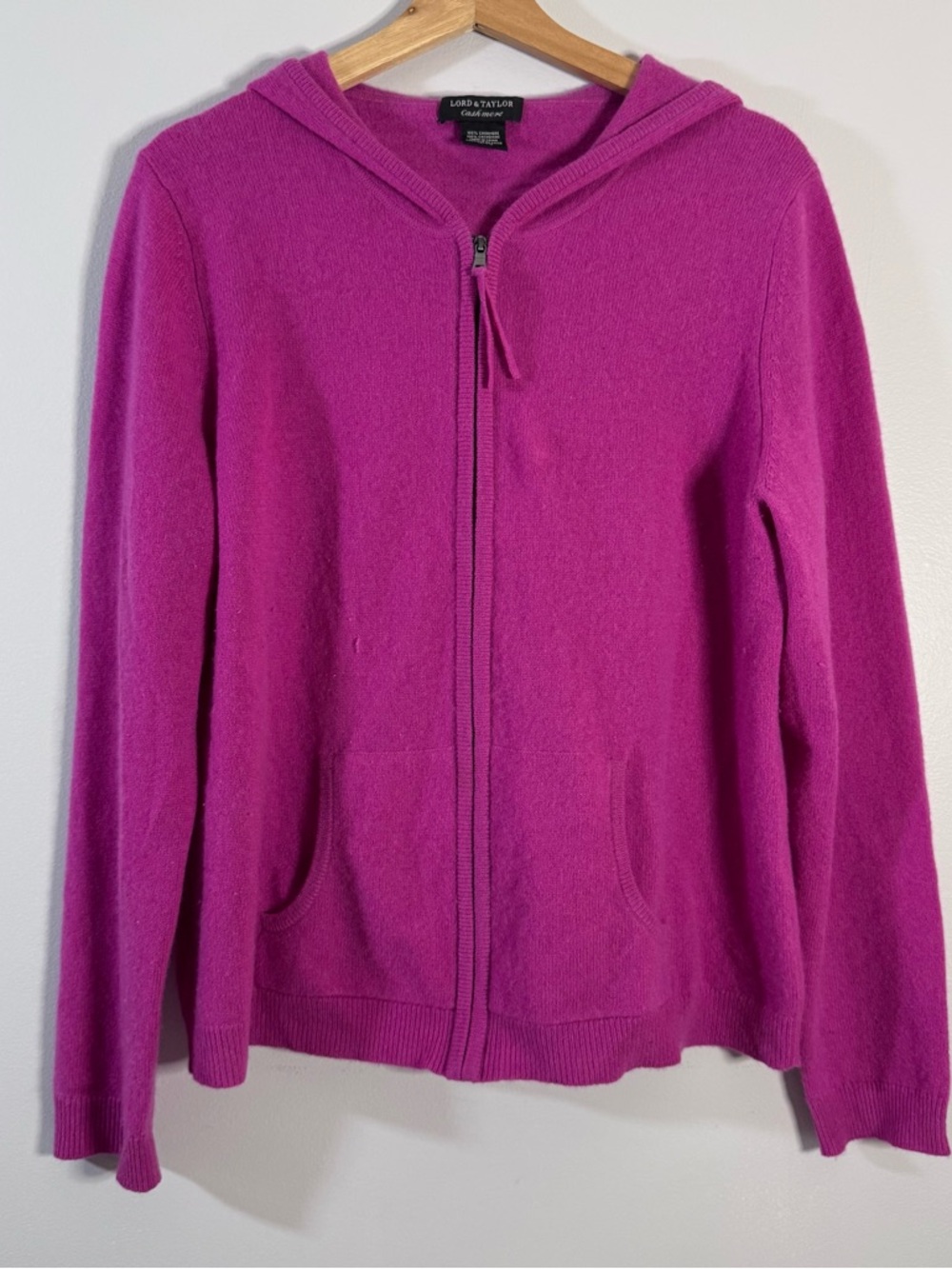Lord & Taylor 100% Cashmere Full Zip Hoodie Sweater Magenta Pink XL